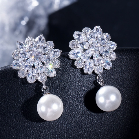Pendientes de Gota de Cobre con Flor Circonia y Perla para Mujer Joyas de Lujo con Circonia Incrustada para Bodas