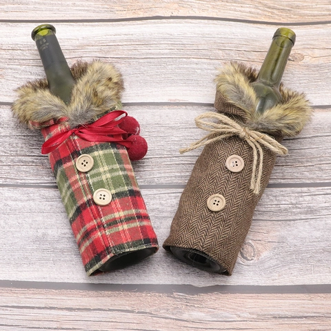 Christmas Wine Decor Cover Faux Fur Collar Plaid Herringbone Fabric Wood Button Jacket Holiday Table Decor Retro