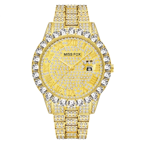 Luxury Mens Quartz Watch Iced Out Full Rhinestone Waterproof Date Display Roman Numerals Alloy Band Hip Hop Fashion Jewelry