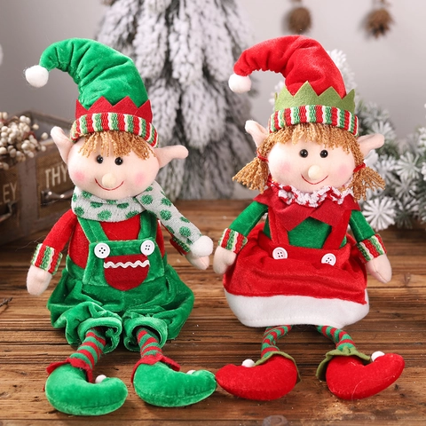 Poupée Lutin De Noël Ornement Assis Longues Jambes Peluche Tricot Chapeau Rayé Décoration De Table Festive