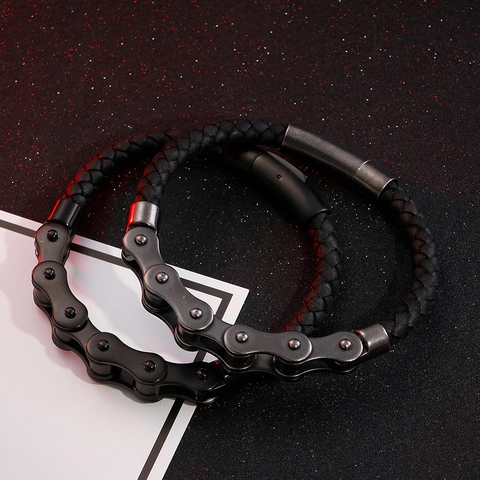 Men Braided Leather Bracelet With Stainless Steel Bicycle Chain Link Magnetic Clasp Industrial Punk Style