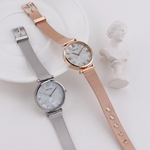 Orologio Al Quarzo Da Donna Elegante Di Moda Cinturino In Maglia Di Acciaio Inossidabile Quadrante Texture Conchiglia