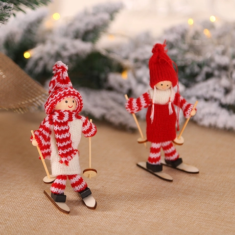Ornamenti Bambola Sciatore Di Natale Figurine Di Sci In Maglia Di Legno Decorazioni Appese Per Albero Di Natale Tavolo