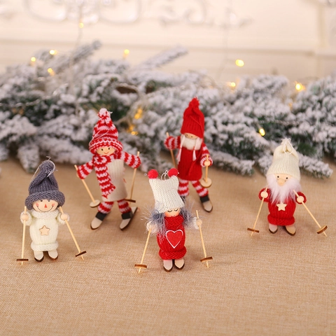 Christmas Skiing Doll Knitted Yarn And Wood Hanging Ornaments Miniature Winter Ski Figurine Xmas Tree Decor