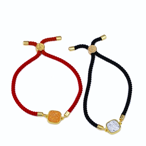 Bracelet Corde Tressée Curseur Réglable Alliage Pendentif Cristal Druzy Carré Bijoux Minimalistes Pour Femmes