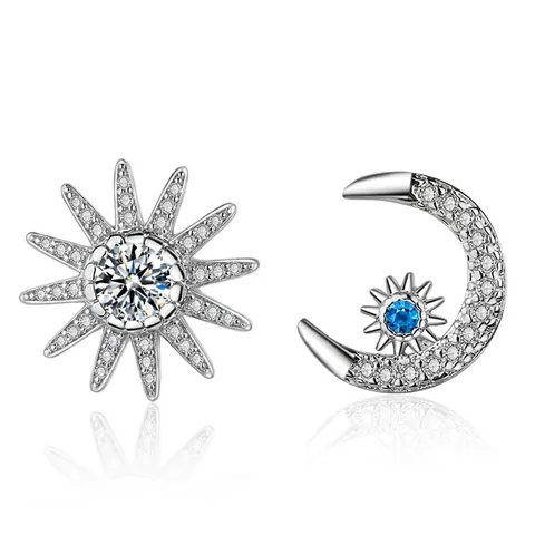 Asymmetric Sun Moon Stud Earrings Copper Platinum Plated With Rhinestones Celestial Korean Style Dainty Jewelry For Women