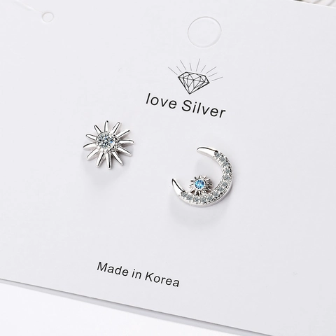 Asymmetric Sun Moon Stud Earrings Copper Platinum Plated With Rhinestones Celestial Korean Style Dainty Jewelry For Women