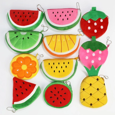 Fruit Shape Plush Coin Purse Mini Wallet Cartoon Watermelon Strawberry Orange Pineapple Cute Zipper Pouch For Kids Girls