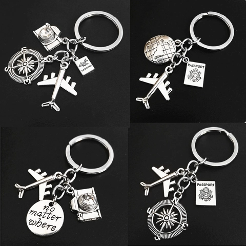 Portachiavi Da Viaggio Metallo Aereo Globo Bussola Fotocamera Ciondoli Argento Tema Viaggio Regalo