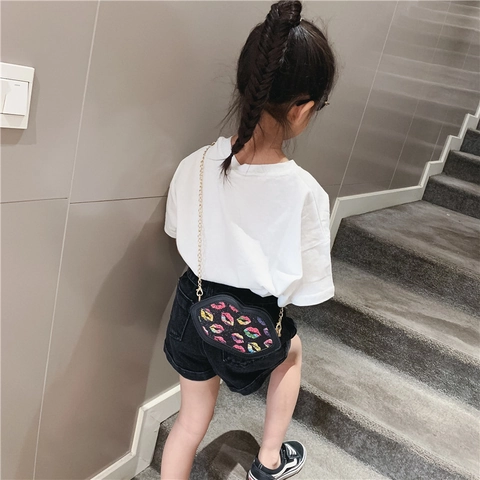 Lip Shaped Crossbody Bag Glitter Sequin PU Leather Colorful Prints Metal Chain Strap For Little Girls Toddlers Fashion