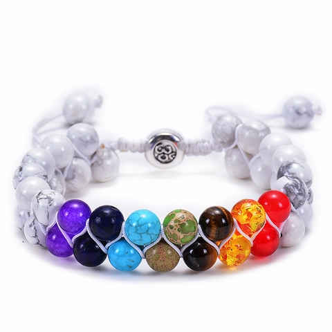 Bracciale In Natural White Turquoise Howlite Pietra Sette Chakra Doppia Fila Perline Intrecciato Regolabile Yoga Meditazione