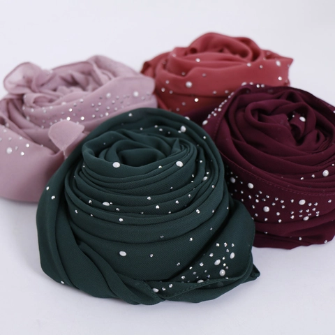 Damen Chiffon Hidschab Schal Mit Kunstperlen Strass Elegant Einfarbig Lange Stola Bescheidener Kopftuch Für Hochzeit Party Zubehör