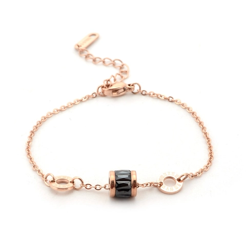 Bracelet En Acier Titane Or Rose Femme Anneaux Chiffres Romains Charme Cylindre Cristal Facetté Bijoux