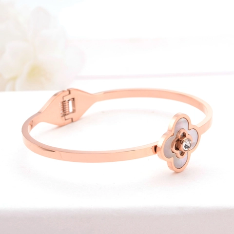 Brazalete Trébol De Cuatro Hojas Acero Inoxidable Nácar Blanco Circón Oro Rosa Flor Joyas Elegantes Para Mujer