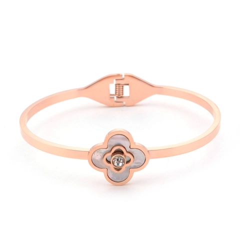 Brazalete Trébol De Cuatro Hojas Acero Inoxidable Nácar Blanco Circón Oro Rosa Flor Joyas Elegantes Para Mujer