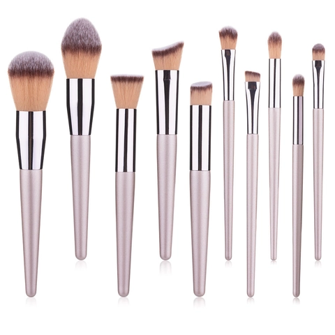 Brochas De Maquillaje Profesionales Oro Champaña Mango De Madera Fibra Sintética Base Polvos Sombra De Ojos Cara Belleza
