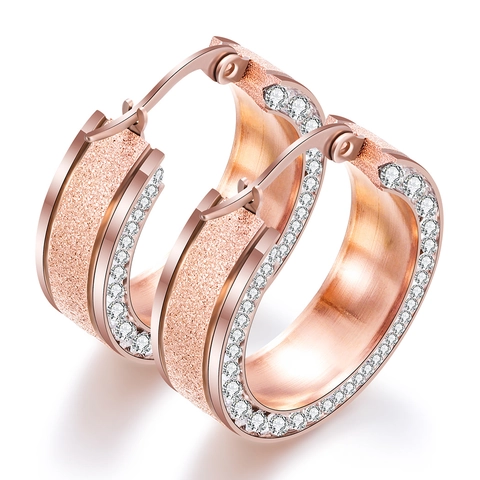 Sandblasted Wide Hoop Earrings 304 Stainless Steel With Paved Cubic Zirconia Fashion Trendy Jewelry Accessories For Women