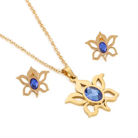 Collana E Orecchini A Loto Con Fiori Cavi In Acciaio Inossidabile Con Zircone Blu Gioielli Vintage Per Donna