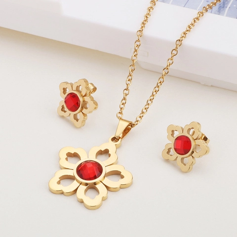 Collana Con Pendente A Fiore Cavo E Orecchini Acciaio Inossidabile Zirconia Rossa Elegante Gioielli Moda Donna
