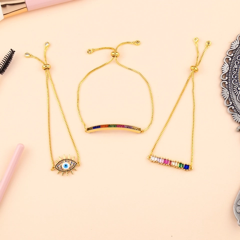 Bracelet Bolo Ajustable Cuivre Plaqué Or Zircon Coloré Mauvais Œil Arc En Ciel Bijoux De Mode Bohème Pour Femmes