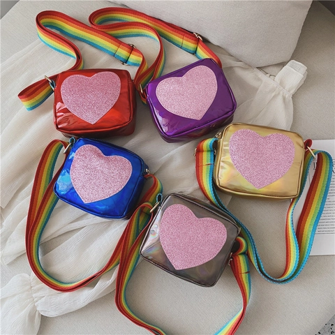 Kids Crossbody Bag Cute Heart Glitter PU Leather Rainbow Adjustable Strap Shoulder Bag For Girls Fashion