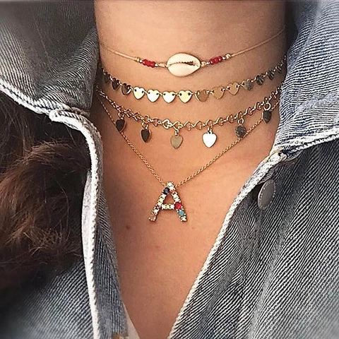 Necklace Copper 18K Gold Plated Colorful Cubic Zirconia Alphabet Initial Letter A-Z Boho Rainbow Fashion Jewelry