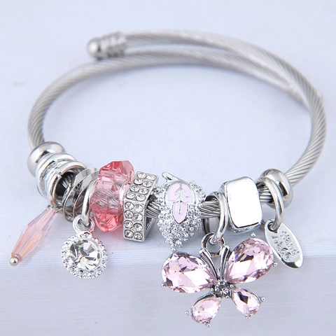 Schmetterling Anhänger Charm Armband Edelstahl Drahtreif Multi Element Kristall Rhinestone Mode Schmuck Für Frauen