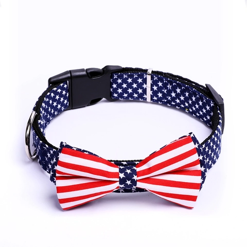 Adjustable Pet Collar With Bowtie Fabric Polyester American Flag And Plaid Pattern For Dogs Cats Quick Release Buckle