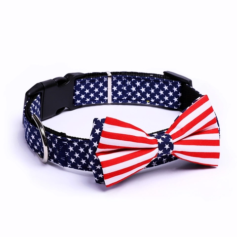 Adjustable Pet Collar With Bowtie Fabric Polyester American Flag And Plaid Pattern For Dogs Cats Quick Release Buckle