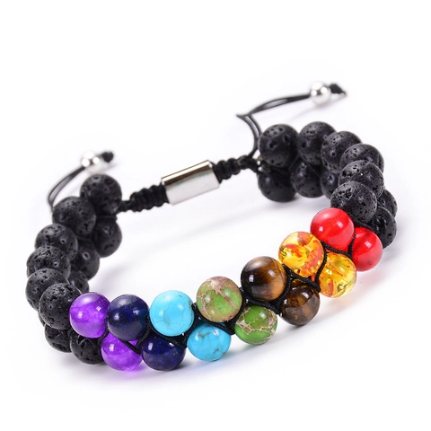 Natural Lava Stone Tiger Eye Agate Double Row Healing Energy Beads Woven Adjustable Bracelet Men Women Yoga Jewelry