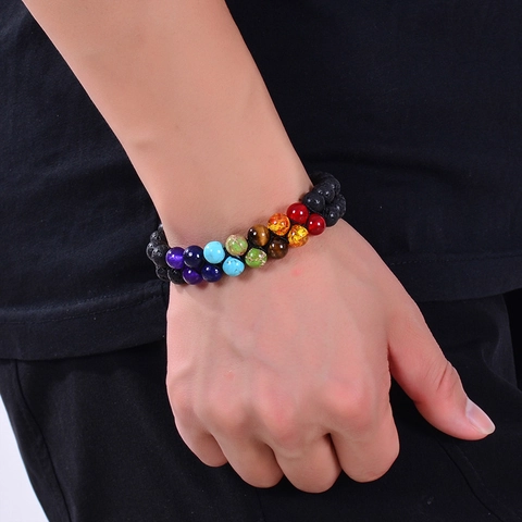 Natural Lava Stone Tiger Eye Agate Double Row Healing Energy Beads Woven Adjustable Bracelet Men Women Yoga Jewelry