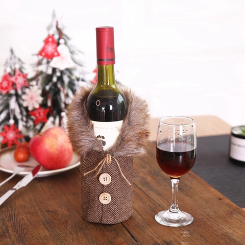 Christmas Wine Bottle Cover Cloth Faux Fur Collar Wood Button Plaid Herringbone Holiday Dining Table Decoration Decor