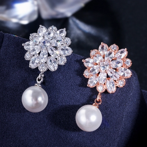 Pendientes de Gota de Cobre con Flor Circonia y Perla para Mujer Joyas de Lujo con Circonia Incrustada para Bodas