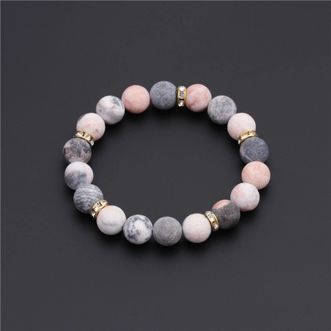 Bracciale Di Perline In Pietra Naturale Opaca Con Distanziatori In Lega Dorata E Strass Perline Rotonde Elastico