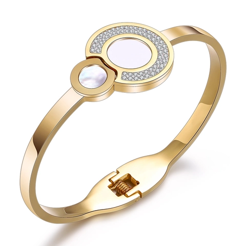 316L Edelstahl Rund Strass Muschel Armreif Für Damen Einfach Mode Geometrisch Doppelring Offener Armband Schmuck
