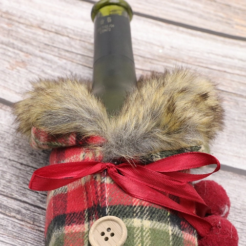Christmas Wine Decor Cover Faux Fur Collar Plaid Herringbone Fabric Wood Button Jacket Holiday Table Decor Retro