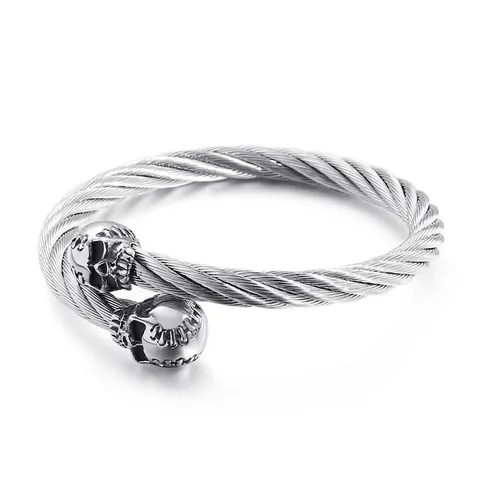 Mens Stainless Steel Skull Open Cuff Bangle Twisted Cable Wire Bracelet Punk Gothic Rock Biker Jewelry