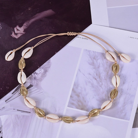 Bohemian Natural Cowrie Shell Necklace And Bracelet Gold Alloy Bead Handmade Adjustable Summer Beach Vacation Jewelry