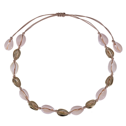 Bohemian Natural Cowrie Shell Necklace And Bracelet Gold Alloy Bead Handmade Adjustable Summer Beach Vacation Jewelry