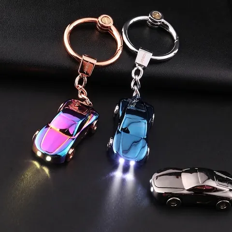 Sports Car Model Keychain Zinc Alloy Metal LED Glowing Light Electroplated Colorful Car Key Ring Bag Pendant Gift Accessory
