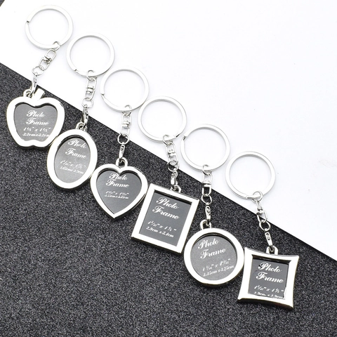 Zinc Alloy Metal Photo Frame Keychain Silver Creative Geometric Shape Heart Round Square Apple Keychain For Wedding Birthday Souvenir Gift