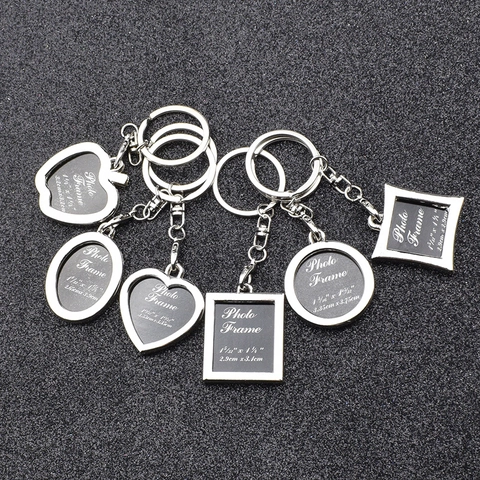 Zinc Alloy Metal Photo Frame Keychain Silver Creative Geometric Shape Heart Round Square Apple Keychain For Wedding Birthday Souvenir Gift