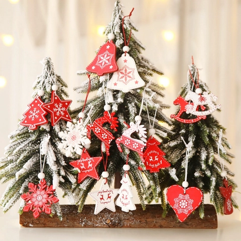 Houten Kersthangers Sneeuwvlok Ster Rendier Bel Boom Geschilderd Rood Wit Kerstboom Decoraties