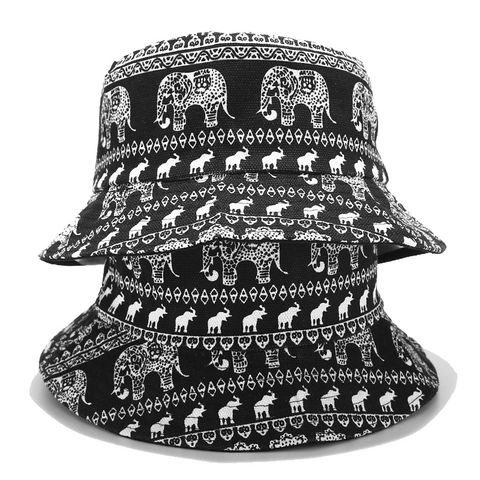 Ethnic Elephant Print Canvas Bucket Hat Reversible Sun Shade Summer Casual Fisherman Hat Double Sided Wear Basin Hat For Women Men