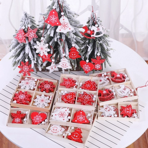 Ornaments De Sapin De Noël Pendentifs Suspendus En Bois Peint Rouge Blanc Flocon De Neige Étoile Cloche Renne Décoration