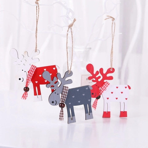 Ornamenti Appesi Di Renna Di Natale In Legno Dipinto Con Nastro A Quadri E Corda Di Canapa Per Decorazione Festiva