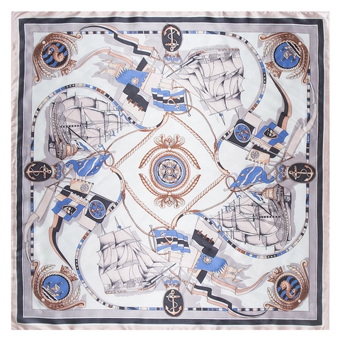 Pañuelo Cuadrado Grande de Satén Con Estampado Náutico para Mujer Patrón de Brújula y Ancla Vintage Pañuelo de Moda