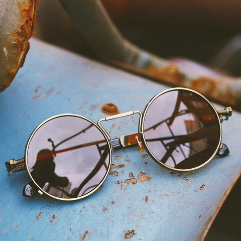 Occhiali Da Sole Polarizzati Steampunk Rotondi Retrò Montatura Metallo UV400 Cerniera Molla Unisex Moda