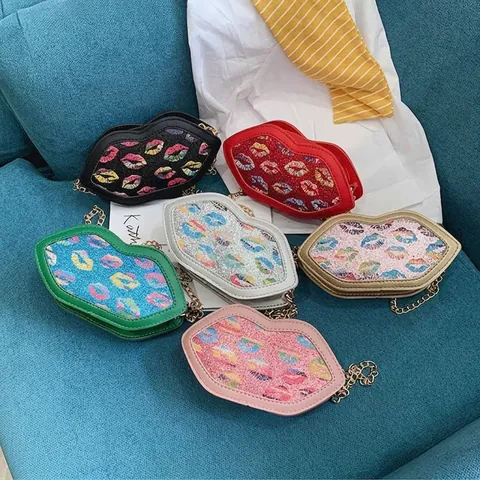 Lip Shaped Crossbody Bag Glitter Sequin PU Leather Colorful Prints Metal Chain Strap For Little Girls Toddlers Fashion