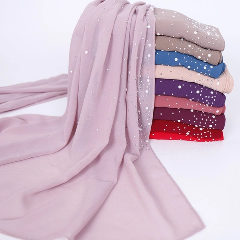 Women Chiffon Scarf Hijab With Artificial Pearls And Rhinestones Elegant Solid Color Long Wrap Muslim Fashion Accessories
